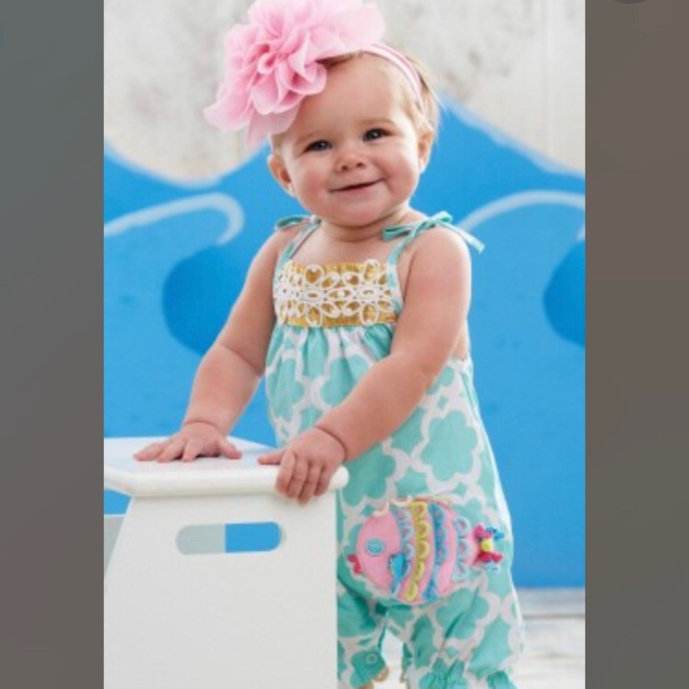 Mudpie Baby Girl Fish Romper Gold Aqua 9-12 Months